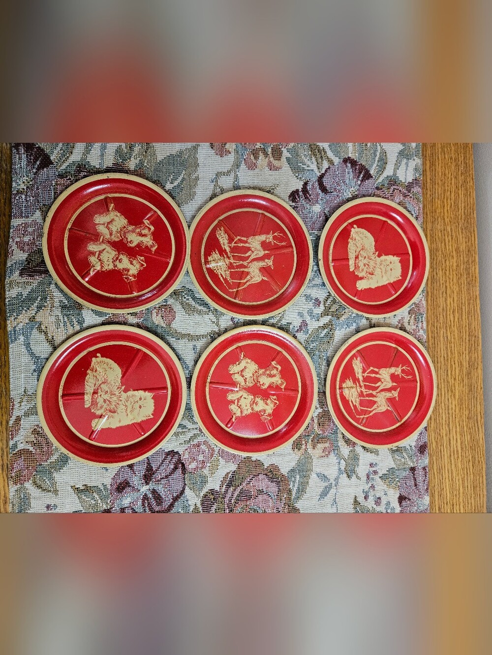 Red Vintage Animal Motif Coasters - Set of 6